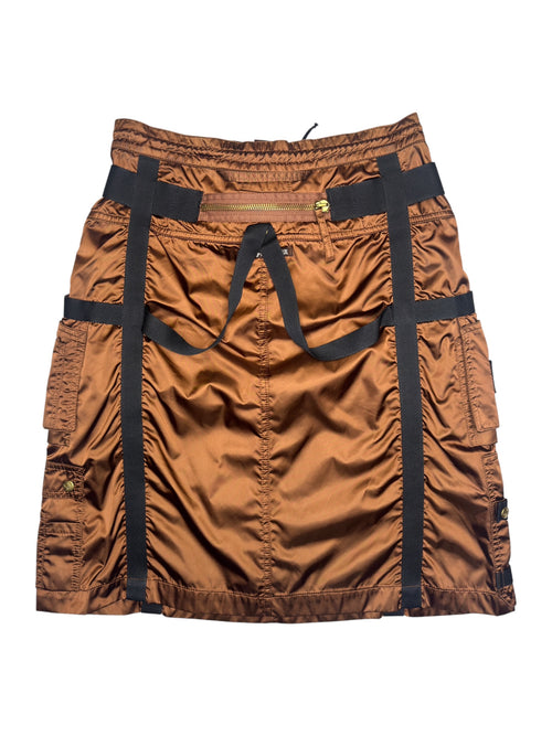 Vintage 2000s JEAN PAUL GAULTIER AW 2003 Archival Brown Nylon Bondage Parachute Cargo Knee Length Skirt | Size M-L