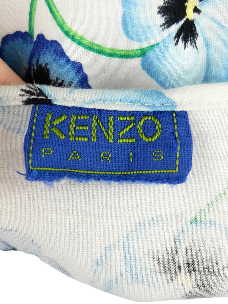 Vintage 2000s Y2K Kenzo Designer Bohemian Blue & White Floral Scoop Neck Pullover T-Shirt Blouse | Size S