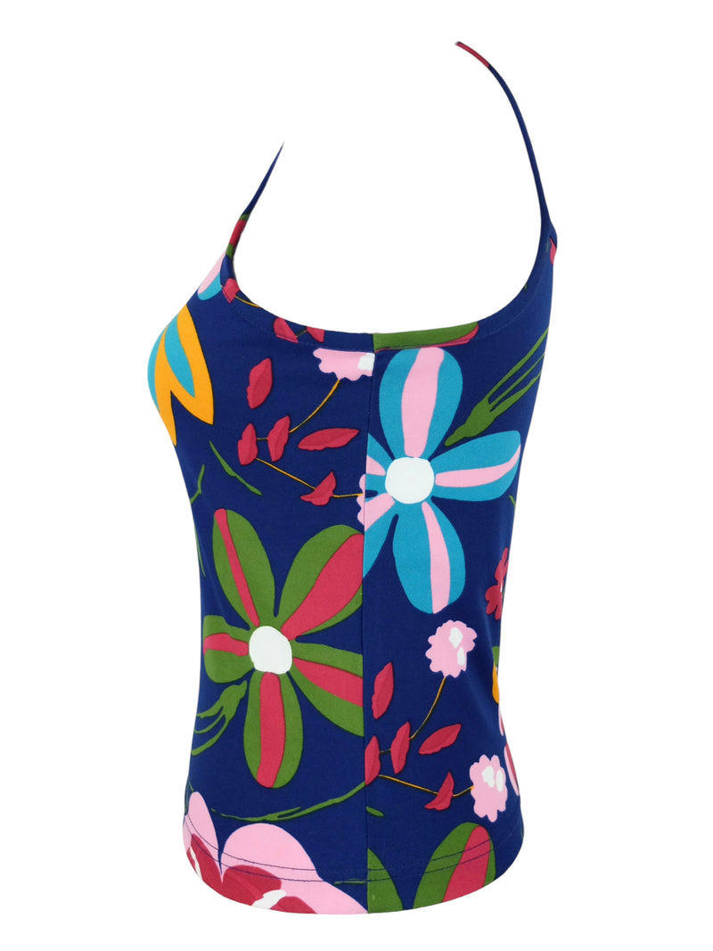 Vintage 2000s Y2K Funky Bright Blue & Pink Floral Sleeveless Cami Tank Top | Size S