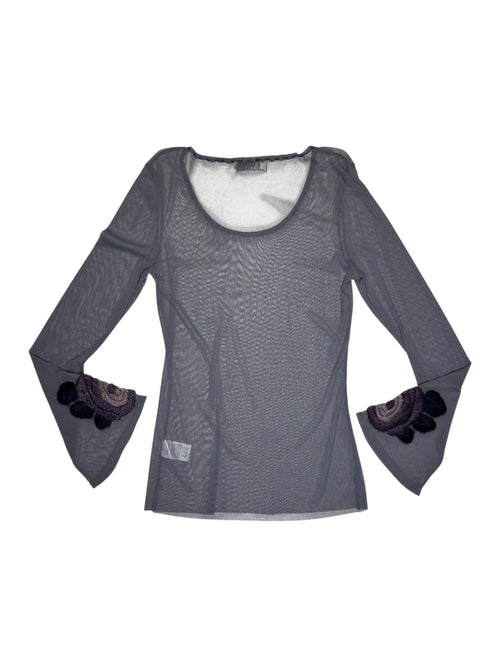 Vintage 2000s Y2K MAIS IL EST OÙ LE SOLEIL Grey Purple Sheer Scoop Neck Bell Sleeve Mesh Top with Knit Floral Detail | Size XL
