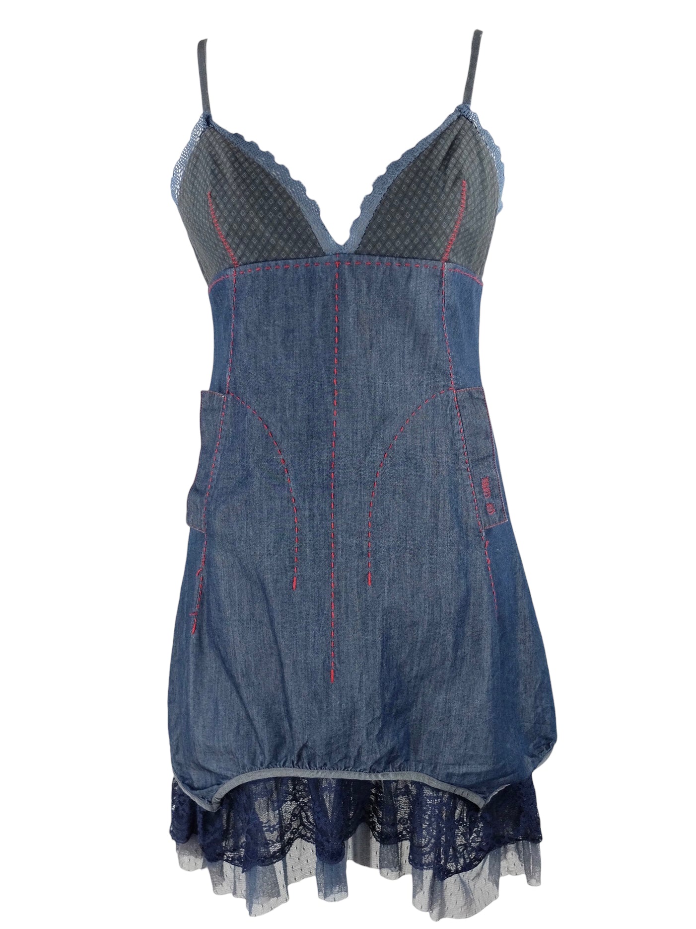 Vintage 2000s Y2K Cop Copine Subversive Prairie Milkmaid Style V-Neck Blue Denim Layered Tank Midi Dress