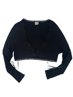 Vintage 2000s Y2K Blumarine Black Cropped Long Sleeve Bolero Style Lace Trim Blouse with Rhinestone Detail | Size M-L