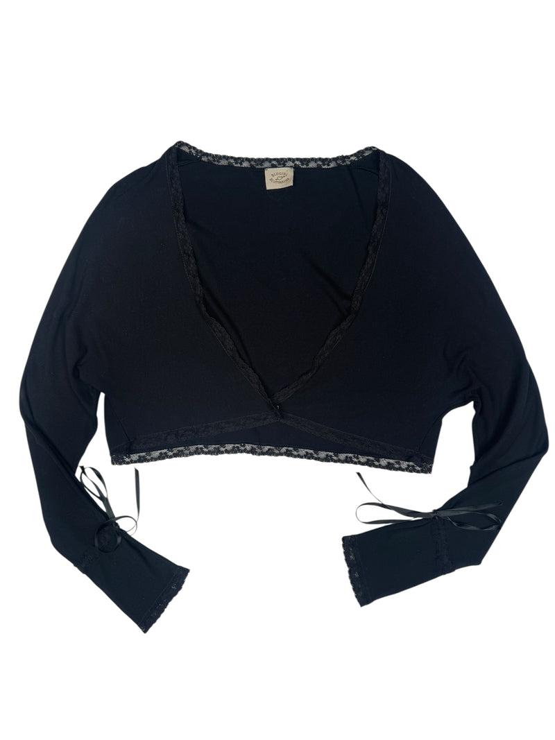 Vintage 2000s Y2K Blumarine Black Cropped Long Sleeve Bolero Style Lace Trim Blouse with Rhinestone Detail | Size M-L