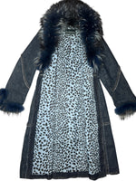 Vintage 2000s Y2K Rocco Barocco Dark Wash Blue Denim Coat with Faux Fur Collar Trim | Size L