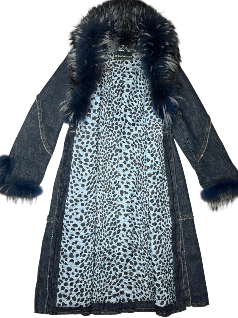 Vintage 2000s Y2K Rocco Barocco Dark Wash Blue Denim Coat with Faux Fur Collar Trim | Size L
