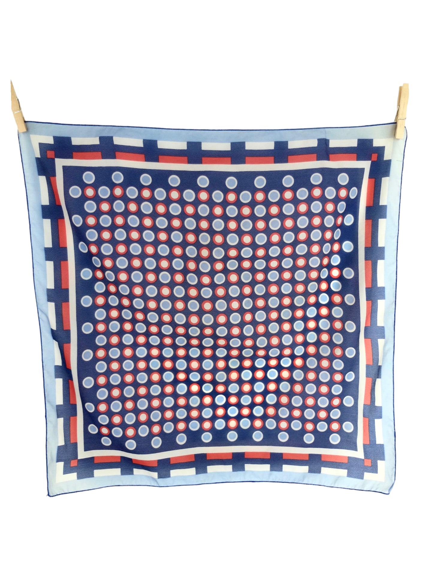 Vintage 60s Mod Psychedelic Op-Art Blue & Red Geometric Patterned Chiffon Square Bandana Neck Tie Scarf