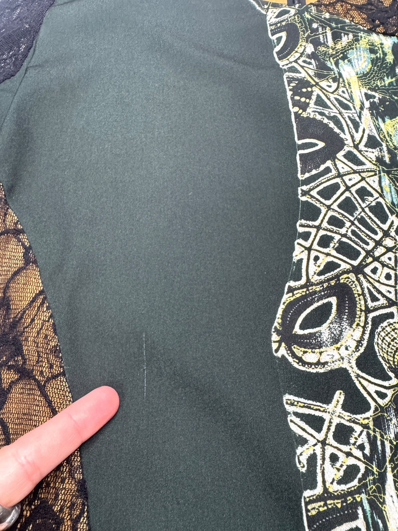 Vintage 2000s Y2K Save The Queen Dark Green & Black Abstract Print Above-the-Knee Long Sleeve Mini Dress with Lace Detail | Size L