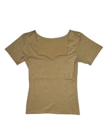 Vintage 2000s Metallic Gold Sparkle Sweetheart Neckline Short Sleeve Top | Size M