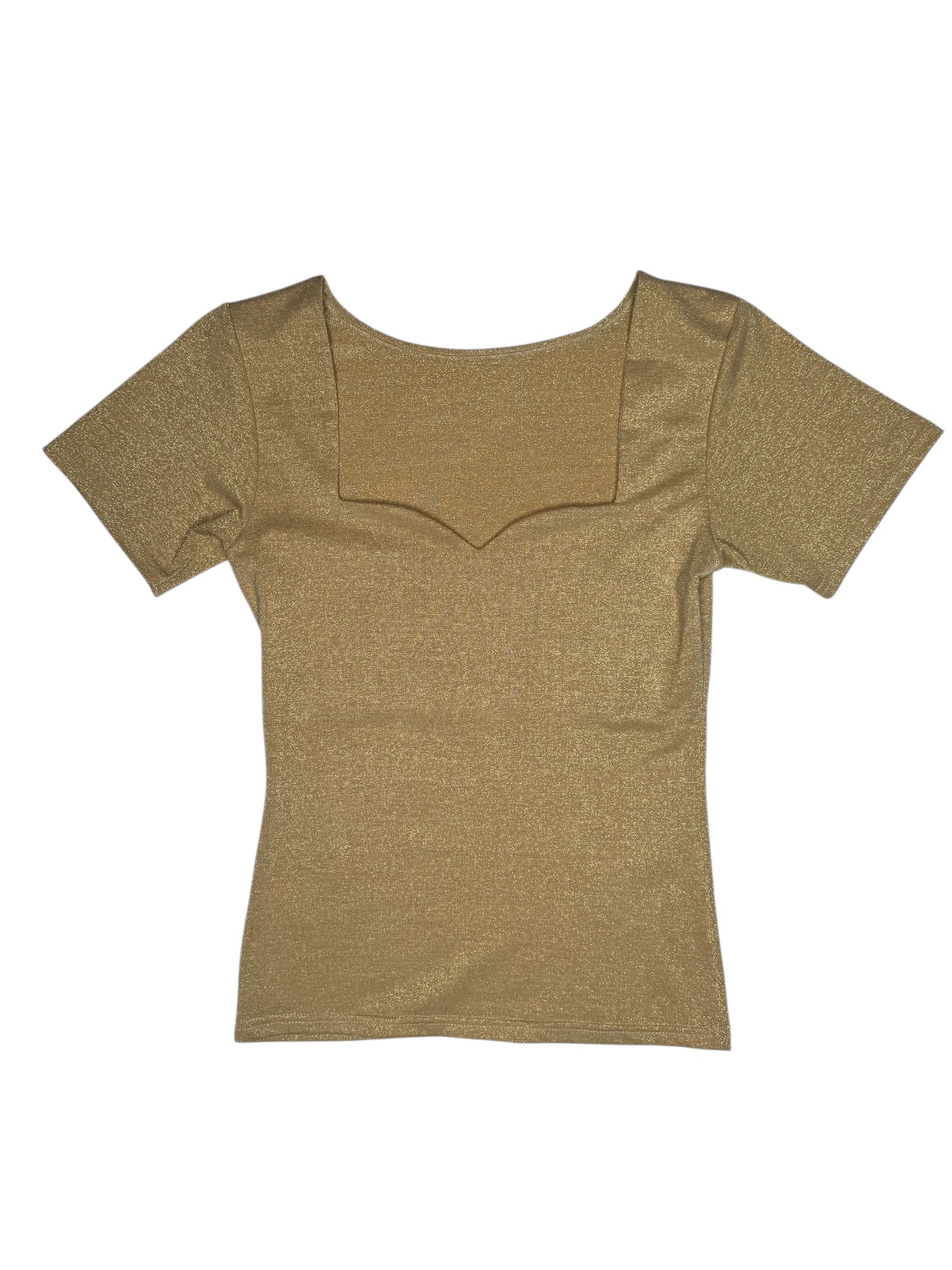 Vintage 2000s Metallic Gold Sparkle Sweetheart Neckline Short Sleeve Top | Size M