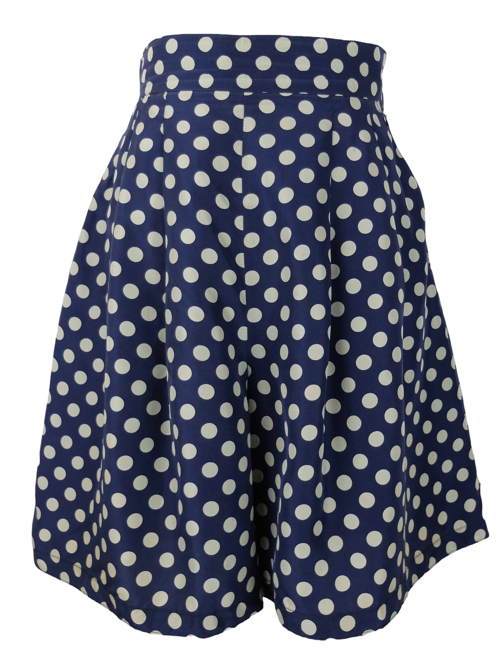 Vintage 80s Sportmax Silk Mod Pinup Rockabilly Preppy Chic Navy Blue & White Polka Dot High Waisted Flowy Bermuda Shorts | Size M