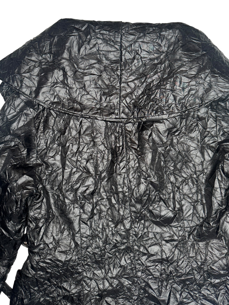 Vintage 2000s Y2K Black Lightweight Collared Crinkle Jacket with Waist Tie | Size L