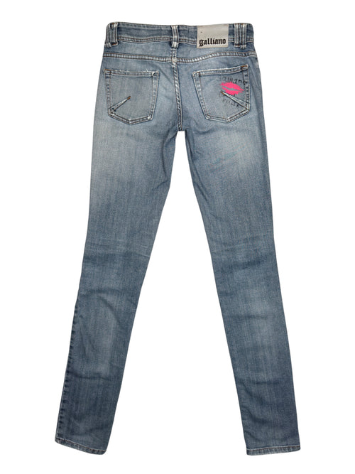 Vintage 2000s GALLIANO Low Rise Light Wash Skinny Jeans with Pink Kiss Pocket Detail | Size S