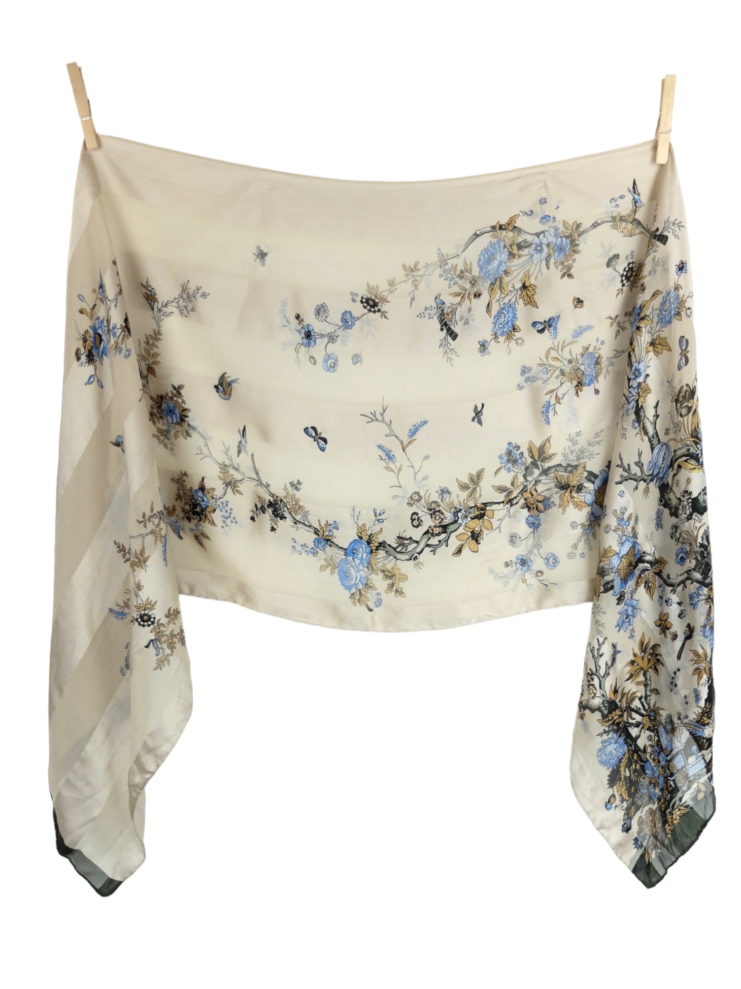 Vintage 90s Silk Chic Bohemian Feminine Chic Floral Striped Cream & Blue Long Wide Lightweight Shawl Wrap Neck Scarf with Hand-Rolled Hem