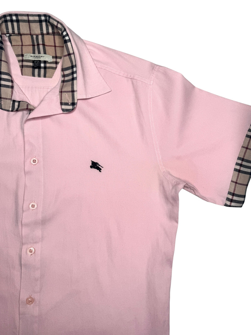 Vintage 2000s Y2K Burberry Preppy Pastel Pink & Plaid Tartan Collared Button Up Short Sleeve Shirt | Size M