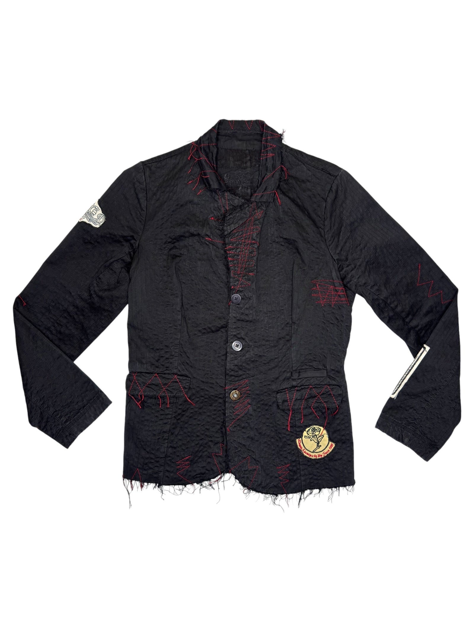 Vintage 2000s Y2K Black Patchwork Blazer Jacket With Red Stitching | Size M