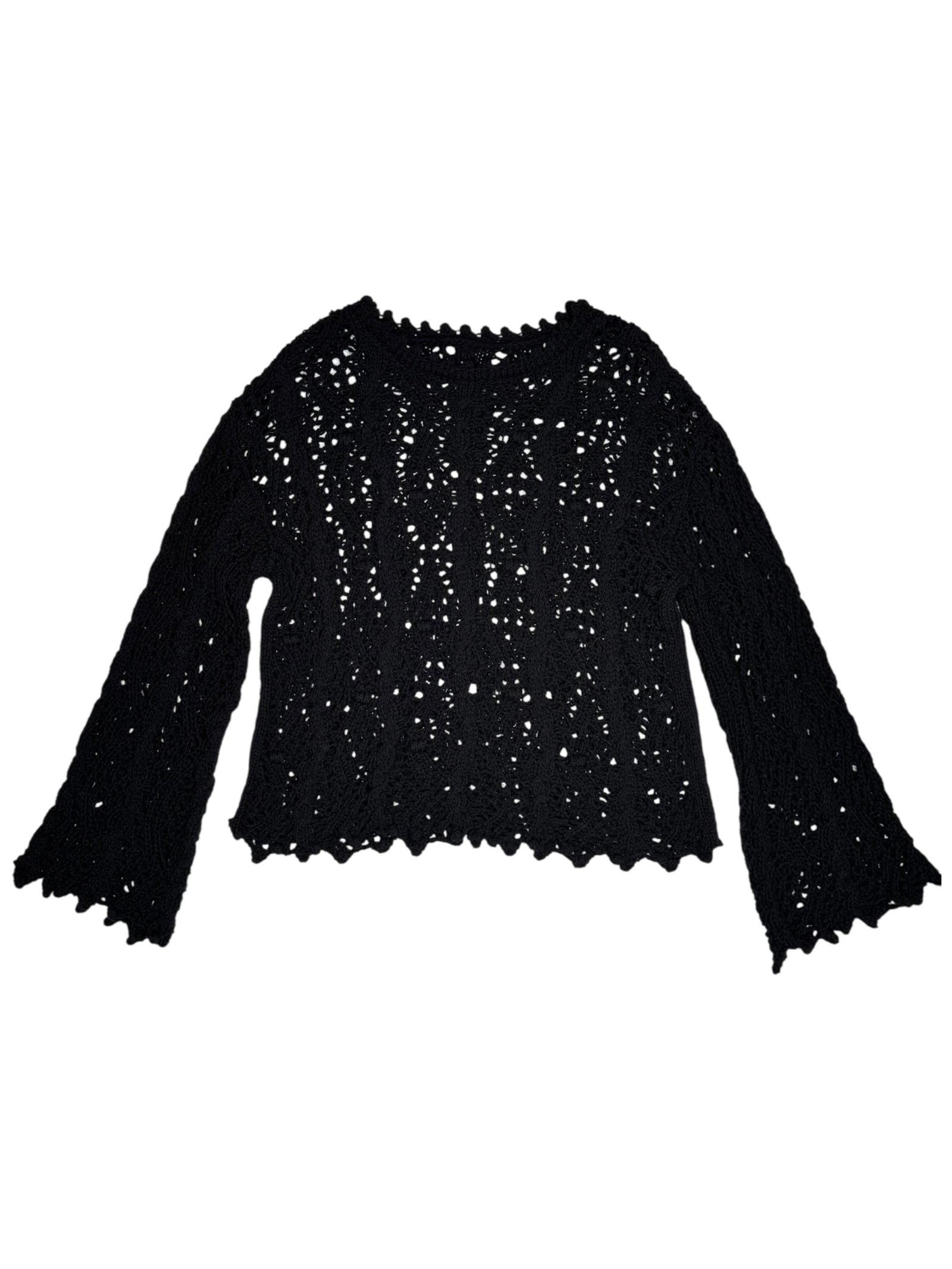 Vintage 2000s Black Cutout Crocheted Scoop Neck Flared Long Sleeve Sweater | Size M-L