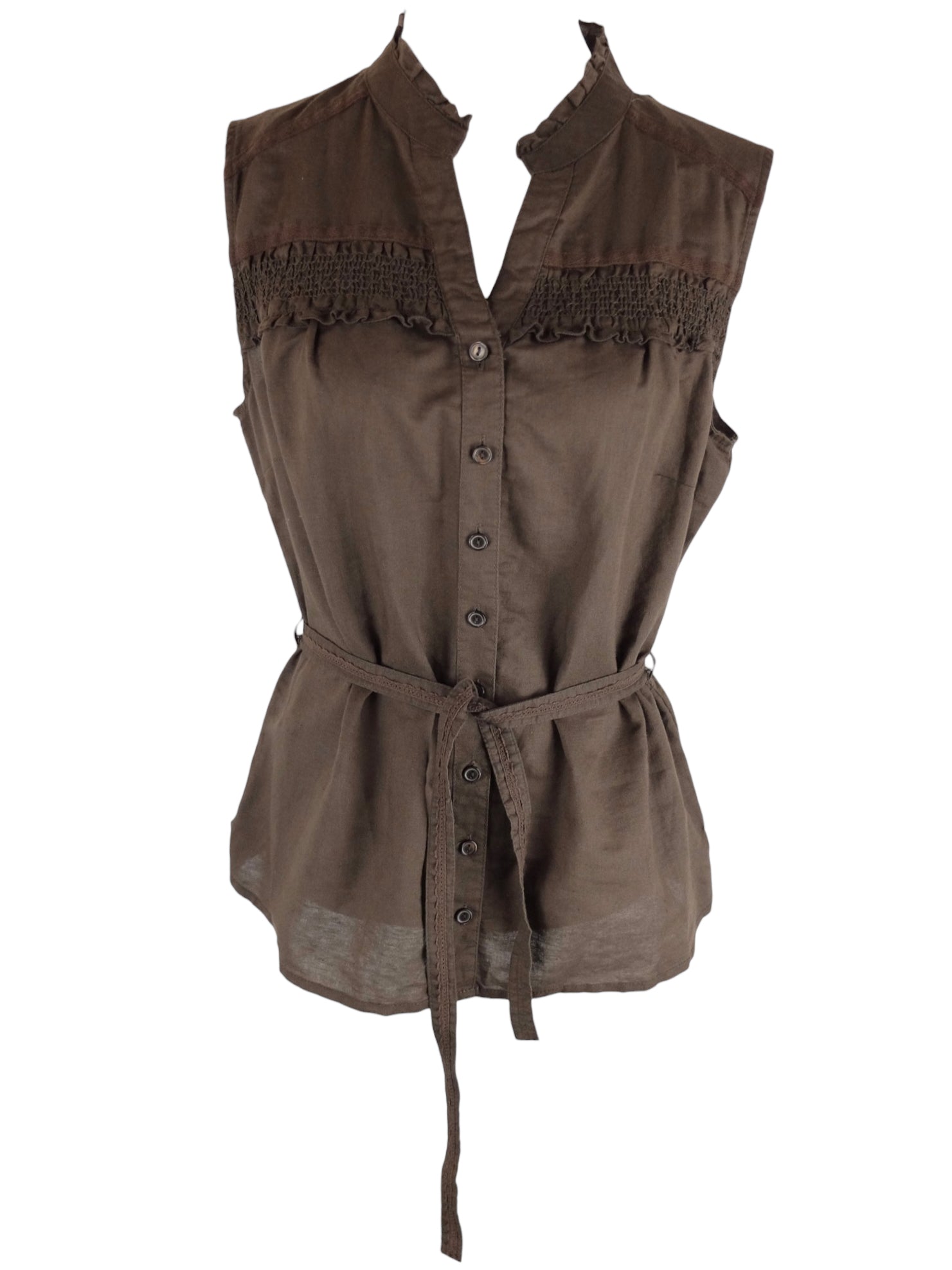 Vintage 2000s Y2K Bohemian Festival Style Linen Blend Mockneck V-Neck Solid Brown Sleeveless Button Up Blouse with Waist Tie | Size M