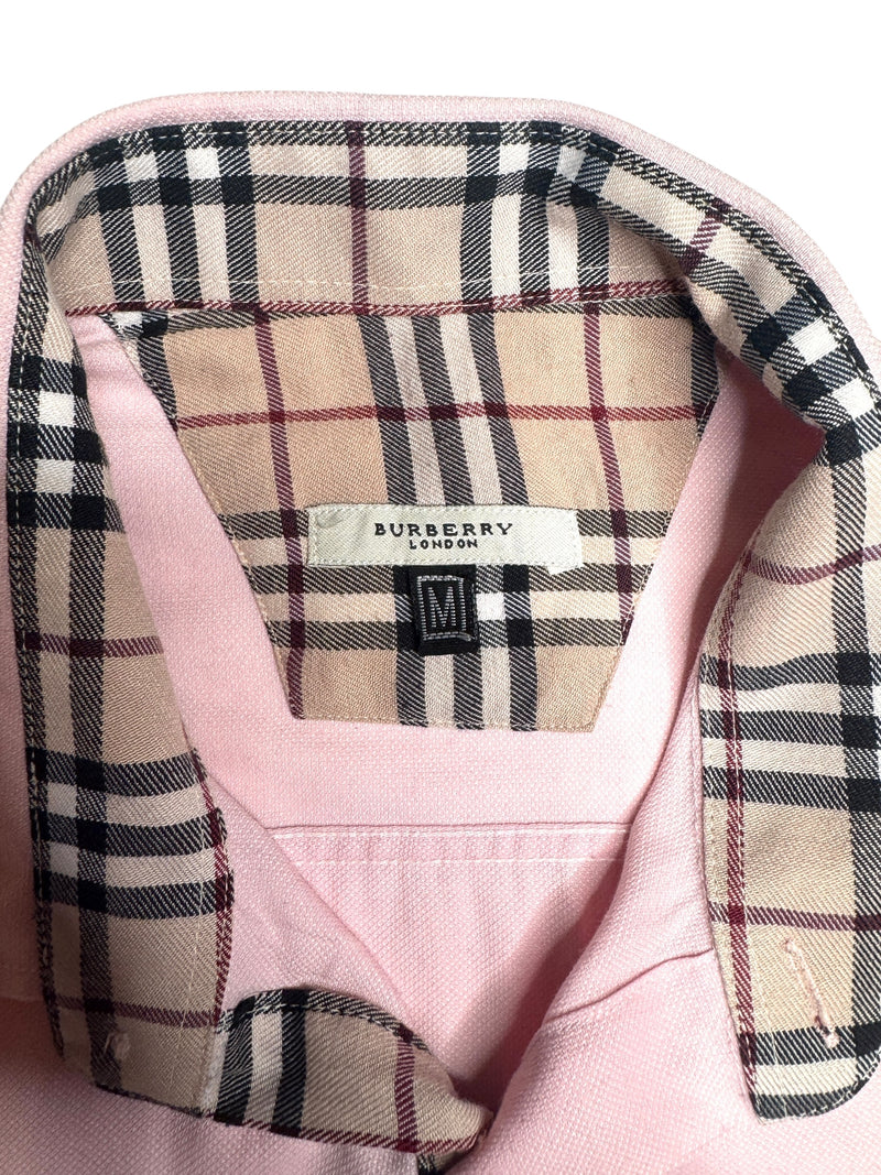 Vintage 2000s Y2K Burberry Preppy Pastel Pink & Plaid Tartan Collared Button Up Short Sleeve Shirt | Size M