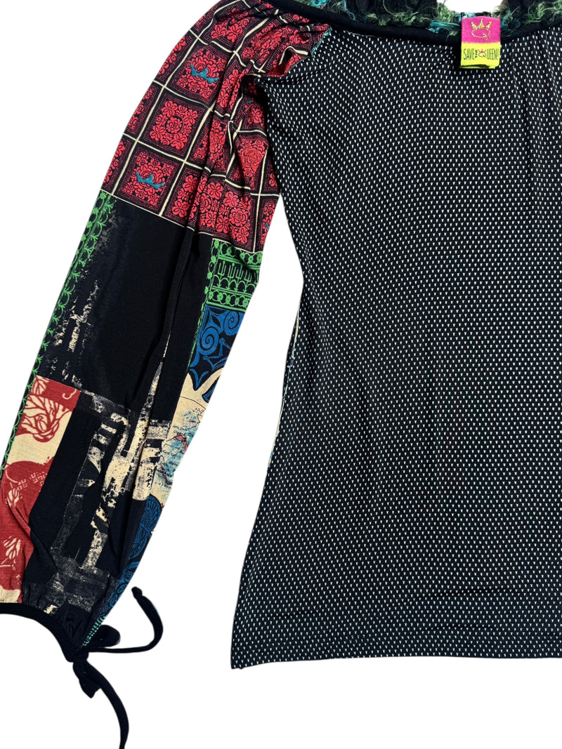 Vintage 2000s Y2K Save The Queen Subversive Off-the-Shoulder Abstract Multicoloured Patchwork Print Long Sleeve Blouse | Size M