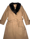 Vintage 70s Mod Bohemian Hippie Tan Button Down Trench Coat With Genuine Fur Trim & Tie Belt | Size S-M