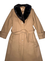 Vintage 70s Mod Bohemian Hippie Tan Button Down Trench Coat With Genuine Fur Trim & Tie Belt | Size S-M