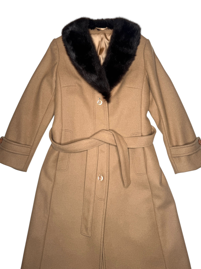 Vintage 70s Mod Bohemian Hippie Tan Button Down Trench Coat With Genuine Fur Trim & Tie Belt | Size S-M