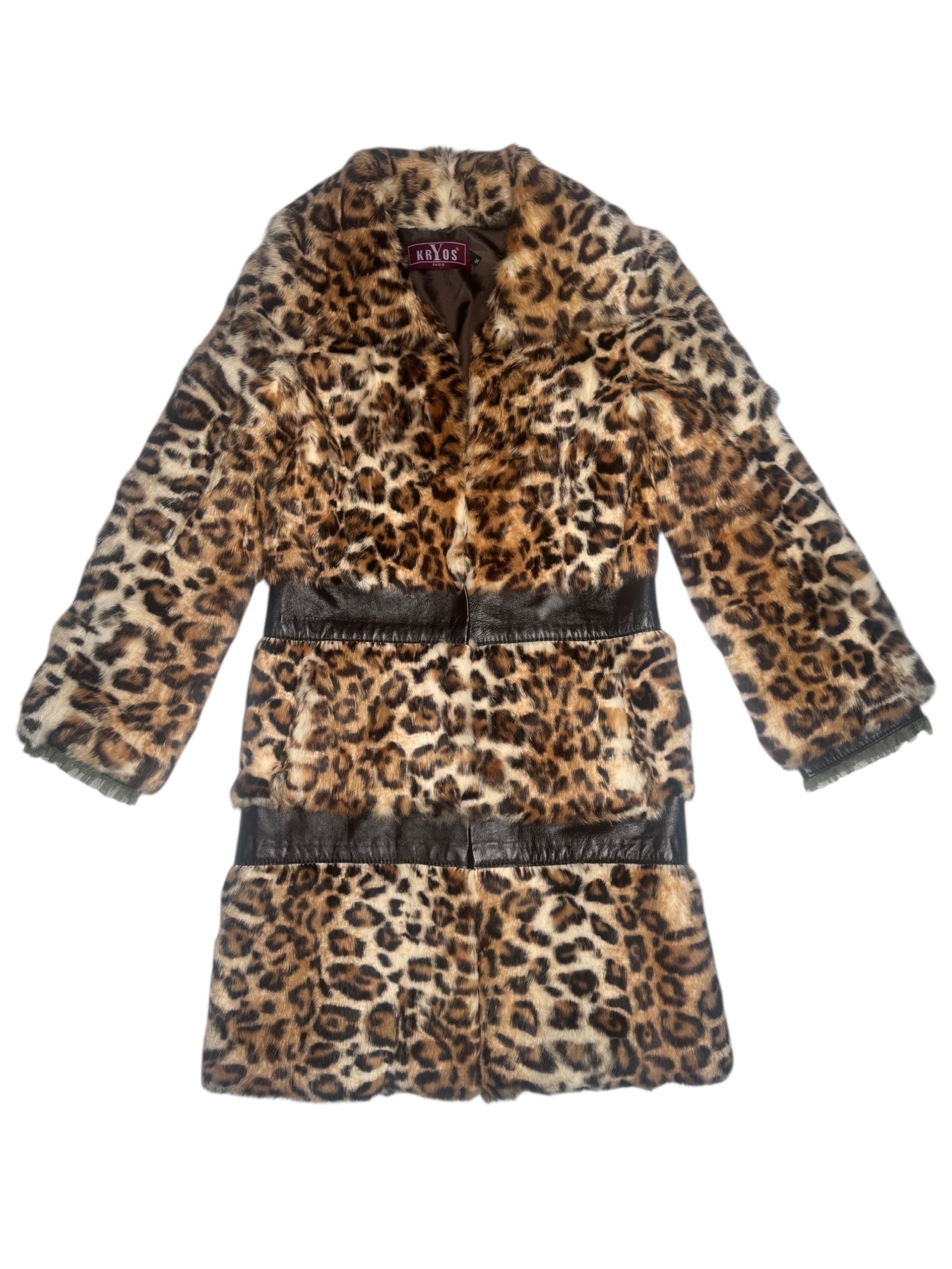 Vintage 90s Animal Leopard Print Genuine Fur Winter Trench Coat with Leather Panel Details | Size S