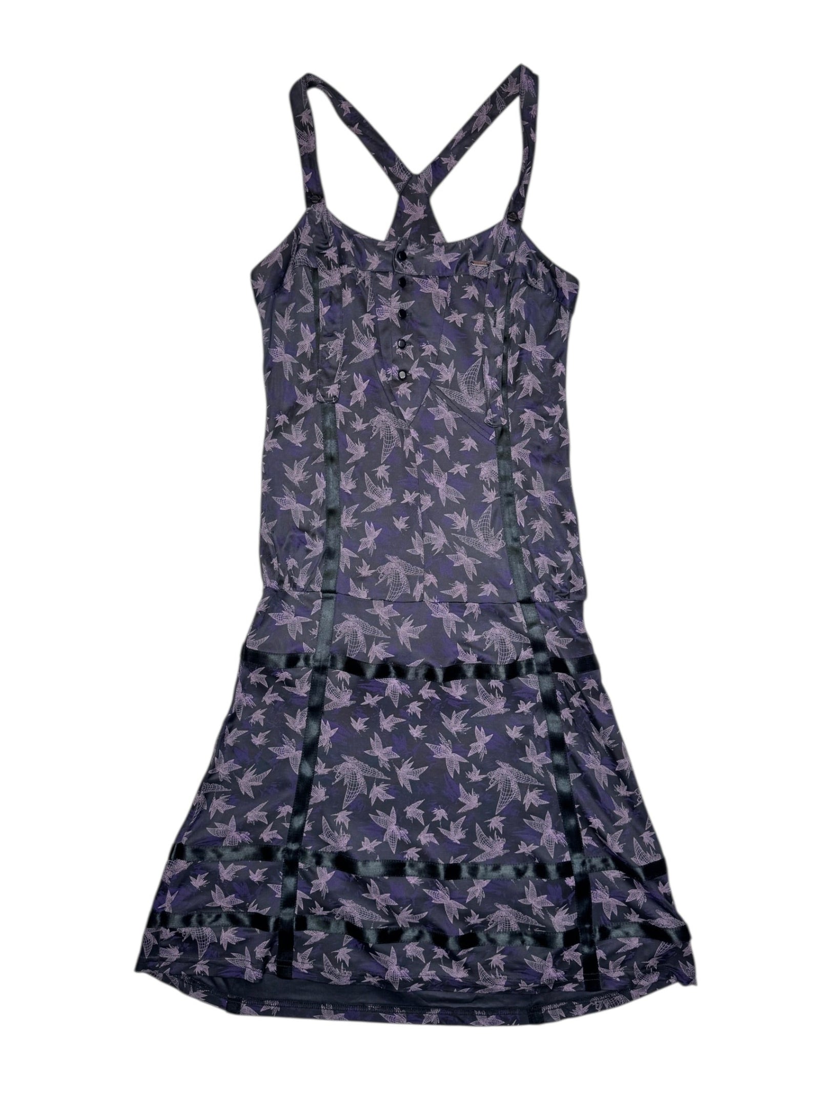 Vintage 2000s DIESEL Purple Silky Abstract Geometric Print Crossback Below-the-Knee Midi Tank Dress | Size XS