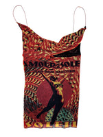 Vintage SS99 JEAN PAUL GAULTIER Amour au Soleil Orange Striped Graphic Cowl Neck Mesh Tank Top | Size L-XL