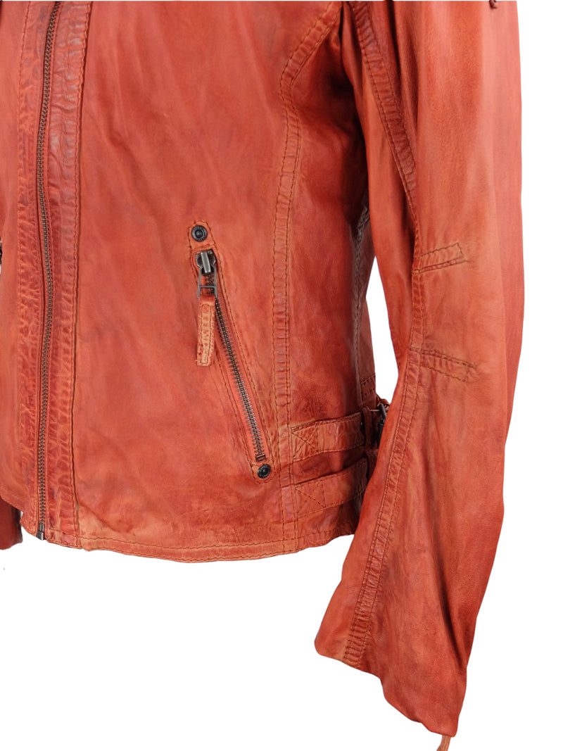 Vintage 2000s Y2K Distressed Rust Orange Moto High Neck Zip Up Leather Biker Jacket | Size M