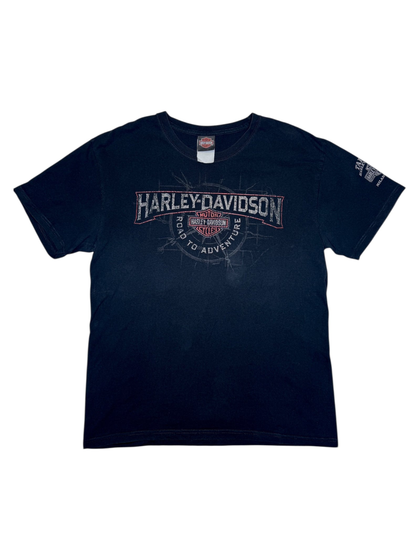 2012 HARLEY DAVIDSON Men's Black Milan Italy Logo Crew Neck T-Shirt | Men's Size M-L