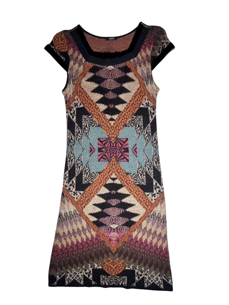 Vintage 2000s Wool & Mohair Blend Abstract Patterned Knit Cap Sleeve Sweater Dress | Size XS