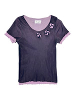 Vintage 2000s Purple Double Layered Short Sleeve Mesh Top with Lettuce Hem & Floral Detail | Size S