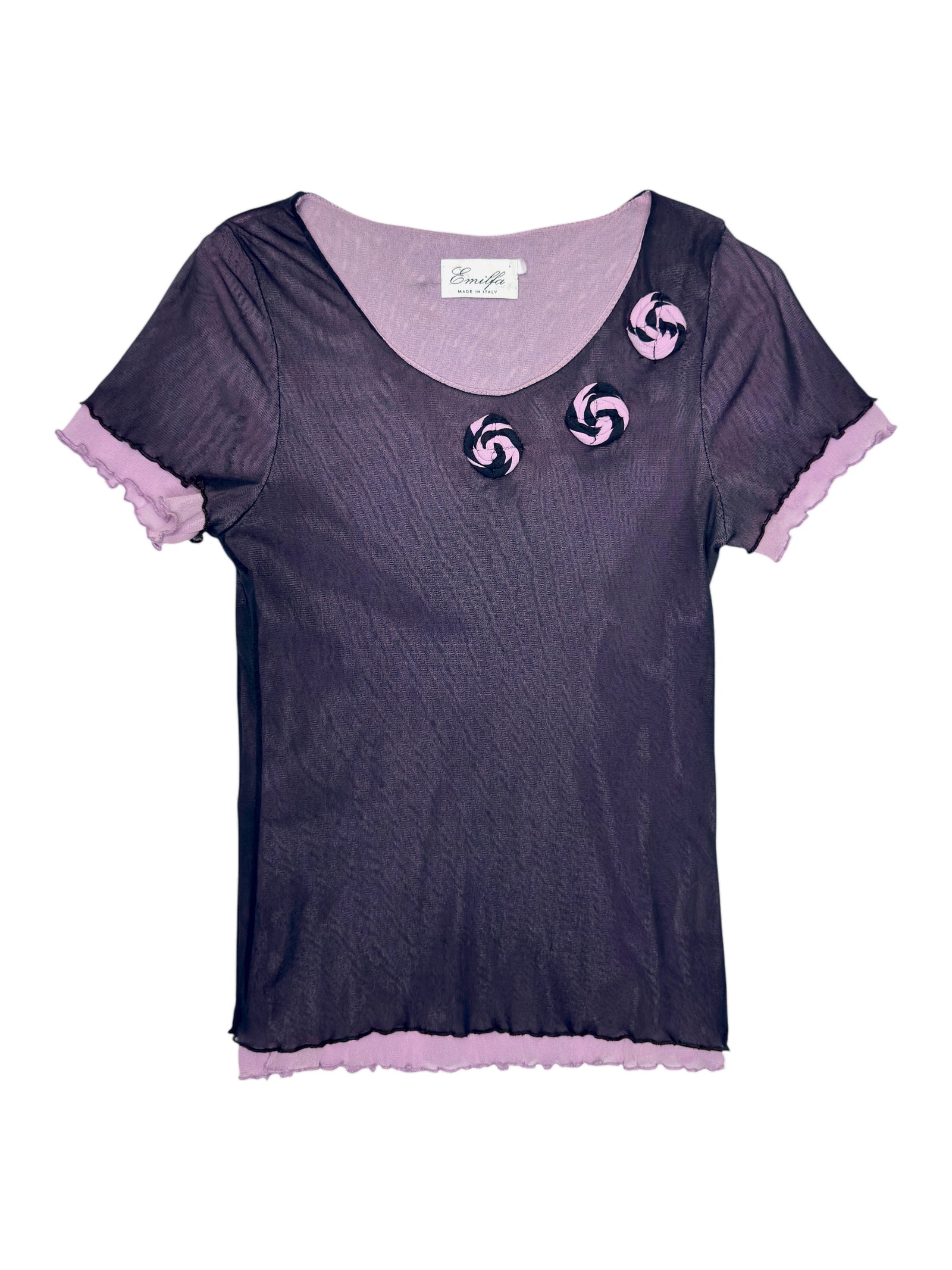 Vintage 2000s Purple Double Layered Short Sleeve Mesh Top with Lettuce Hem & Floral Detail | Size S