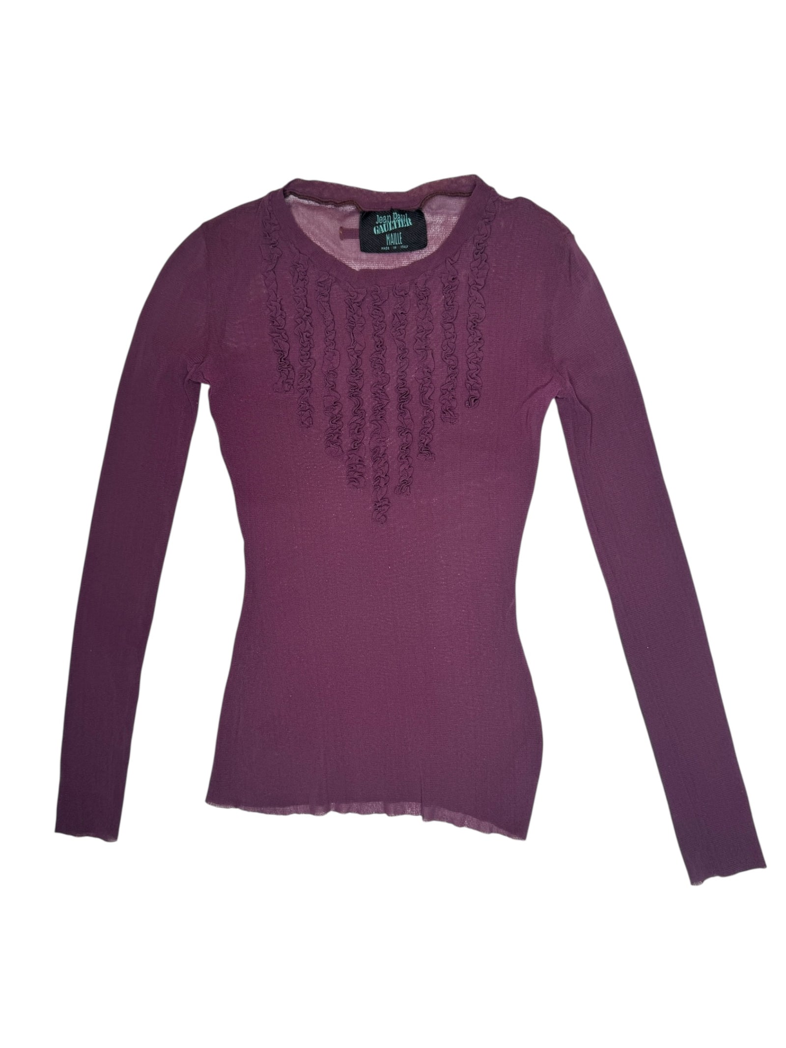 Vintage 2000s Jean Paul Gaultier Purple Long Sleeve Mesh Top with Ruffle Detail | Size XS-S