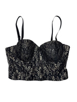 Vintage 2000s Black & Gold Metallic Floral Lace Cropped Bustier Corset | Size M-L