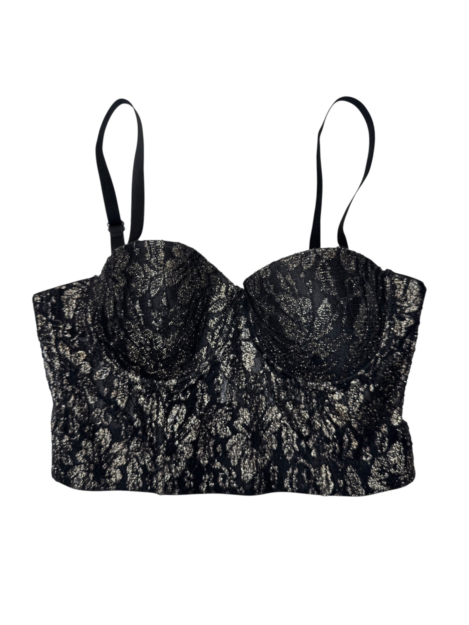 Vintage 2000s Black & Gold Metallic Floral Lace Cropped Bustier Corset | Size M-L