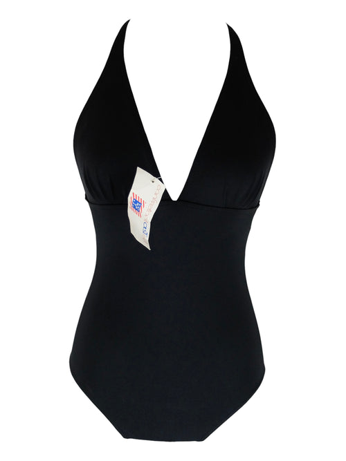 Vintage 80s Deadstock Minimalist Mod Solid Black V-Neck Halter One-Piece Swimsuit Bathing Suit | Size S