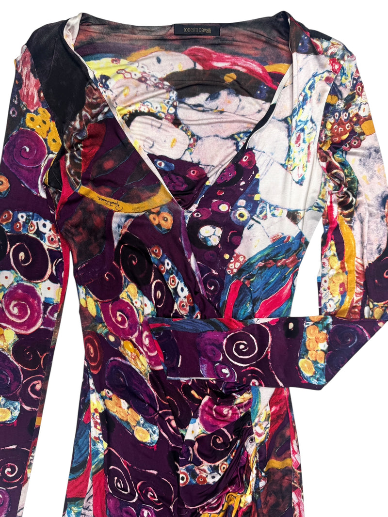 Vintage 2000s Y2K Roberto Cavalli Art Nouveau Purple Abstract Patterned Long Sleeve Dress | Size M