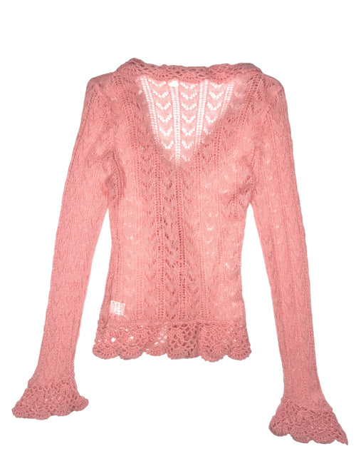 Vintage 2000s Y2K Mohair Wool Blend Pastel Baby Pink Ruffled Crochet Lightweight Cardigan Sweater with Tie | Size S