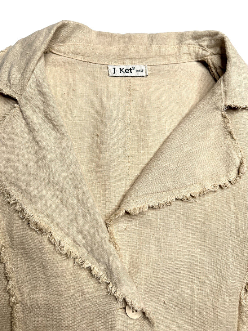 Vintage 90s Y2K Beige Linen Basic Button Down Collared Lightweight Blazer Jacket | Size M-L