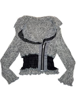 Vintage 2000s ZONE BLEUE Knit Grey Fuzzy Asymmetrical Zip Up Cardigan with Ruched Mesh Waist | Size S