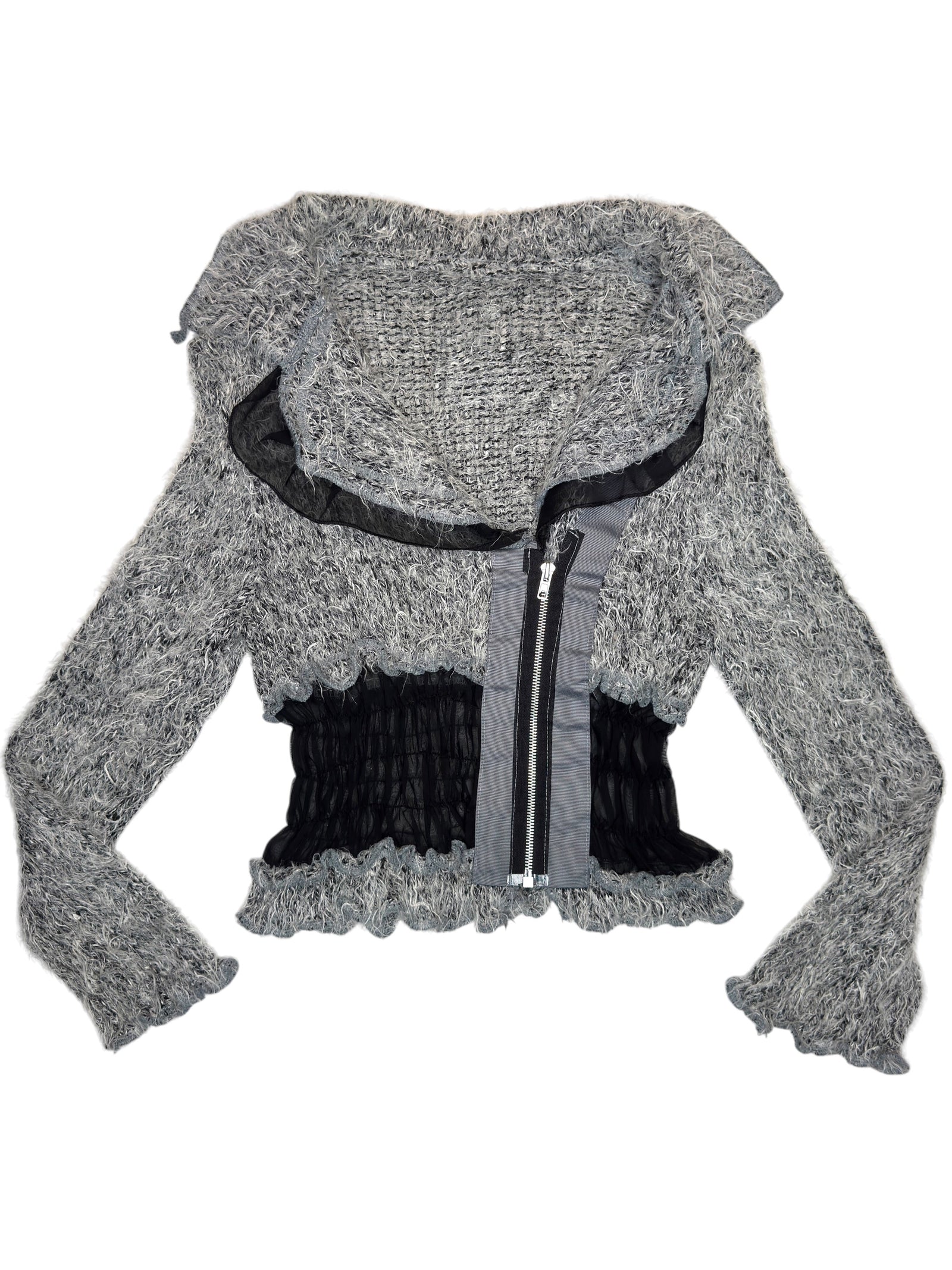 Vintage 2000s ZONE BLEUE Knit Grey Fuzzy Asymmetrical Zip Up Cardigan with Ruched Mesh Waist | Size S