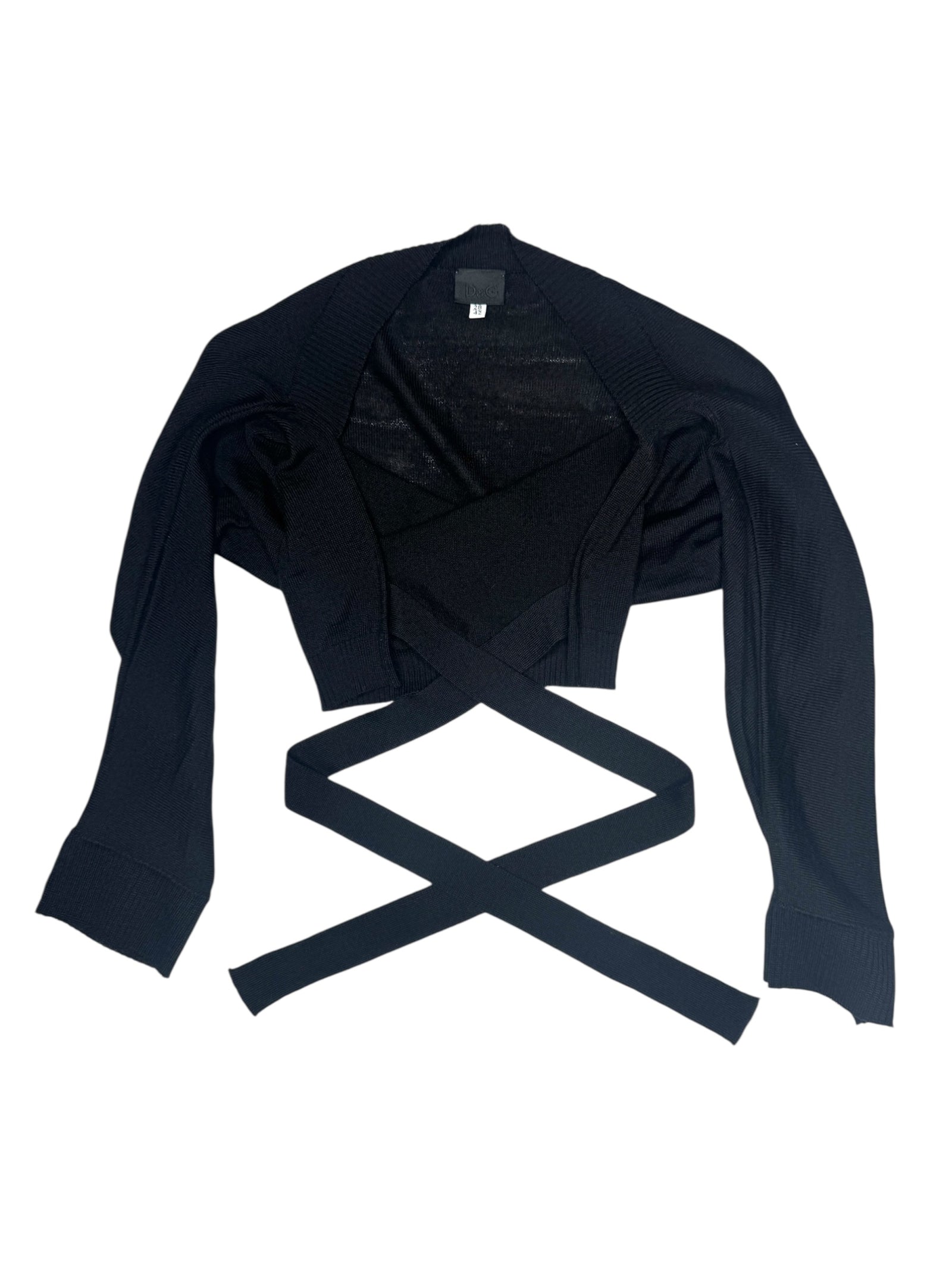 Vintage 2000s Y2K Dolce & Gabbana Subversive Minimalist Black Cropped Wool Bolero Cardigan with Wrap Around Tie | Size XS-S