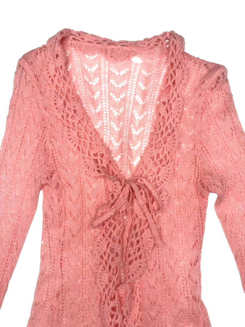 Vintage 2000s Y2K Mohair Wool Blend Pastel Baby Pink Ruffled Crochet Lightweight Cardigan Sweater with Tie | Size S