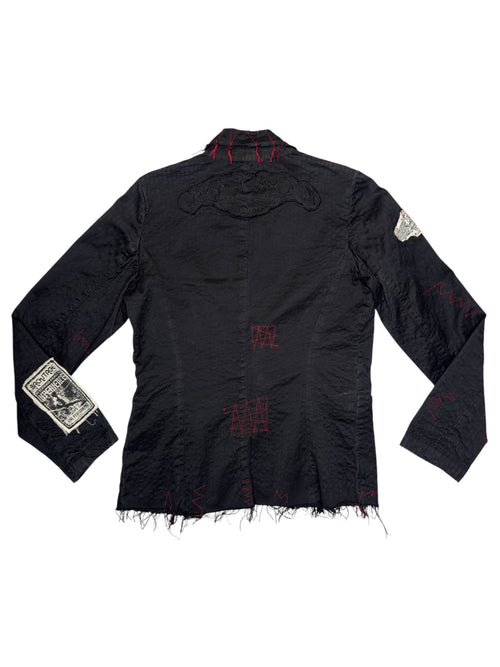 Vintage 2000s Y2K Black Patchwork Blazer Jacket With Red Stitching | Size M