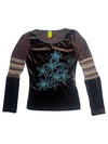 Vintage 2000s Y2K Save the Queen Brown Velvet & Knit Striped Floral Embroidered Long Sleeve Scoop Neck Top | Size M