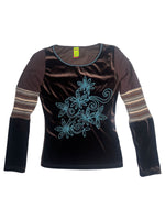 Vintage 2000s Y2K Save the Queen Brown Velvet & Knit Striped Floral Embroidered Long Sleeve Scoop Neck Top | Size M