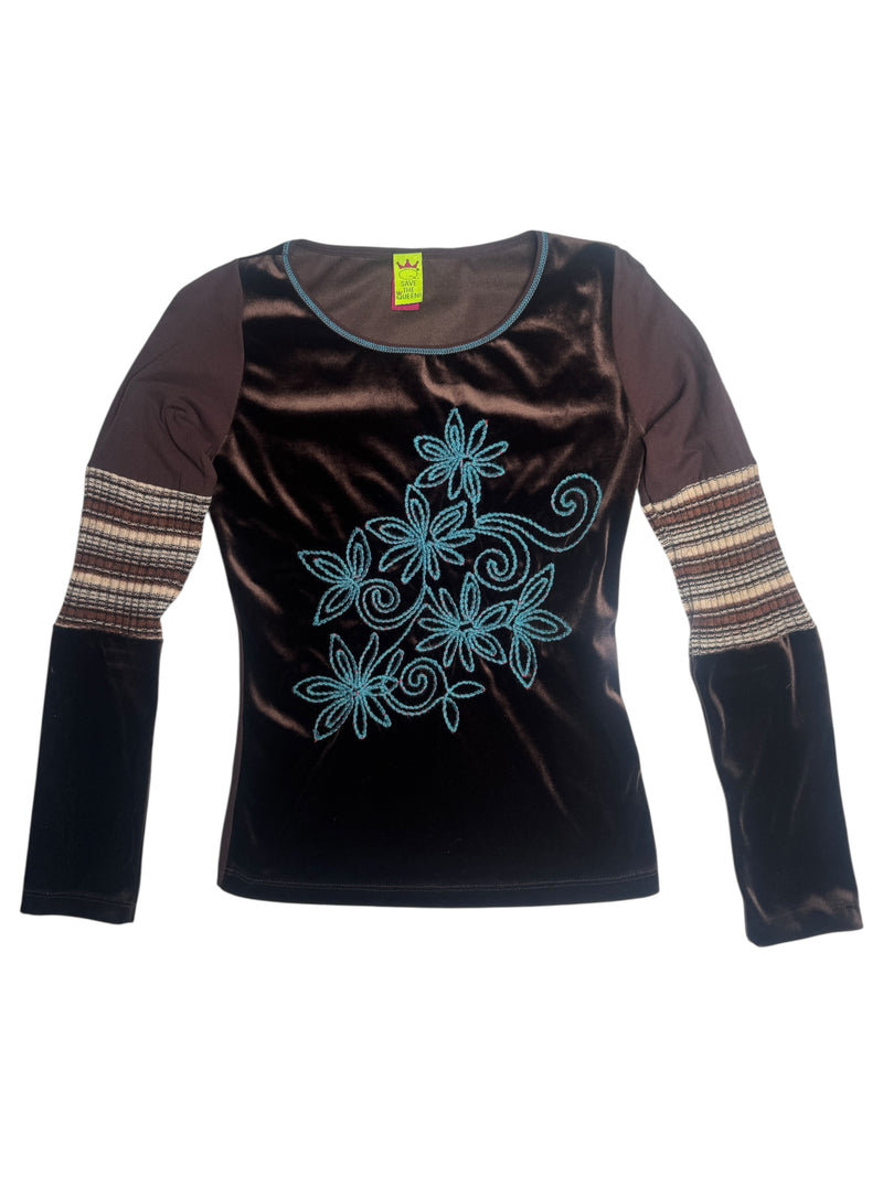 Vintage 2000s Y2K Save the Queen Brown Velvet & Knit Striped Floral Embroidered Long Sleeve Scoop Neck Top | Size M