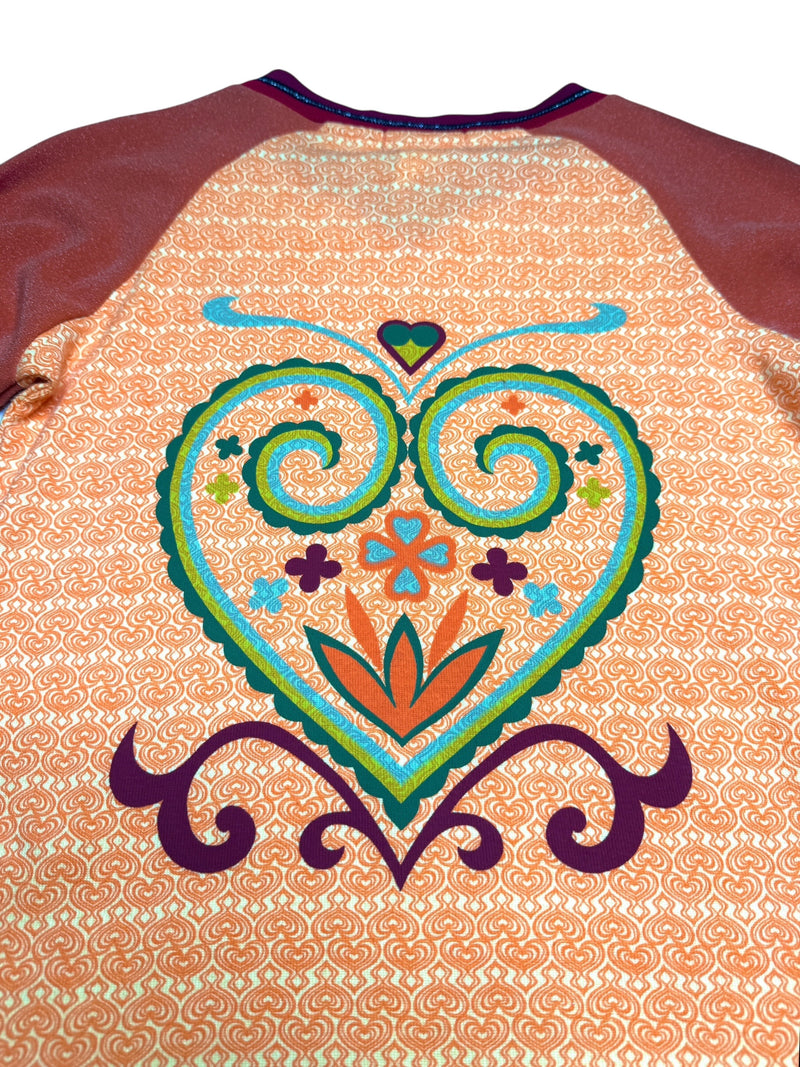 Vintage 2000s Y2K Custo Barcelona Orange Long Sleeve Abstract Graphic Print V-Neck Shirt with Glitter Sleeves | Size S